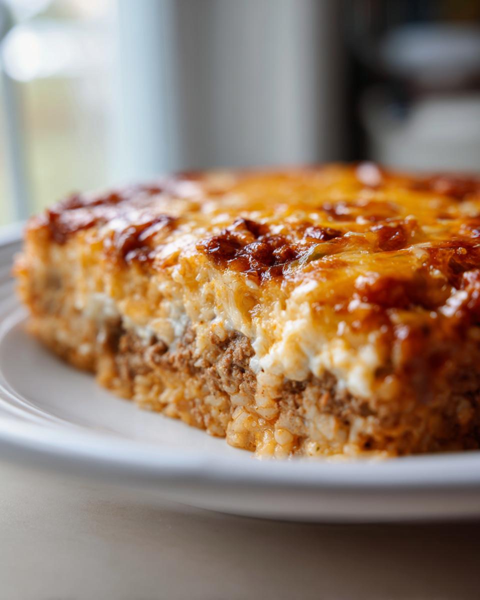 Close-up of a thick slice of Mexican rice casserole showing layers of seasoned rice, ground meat, and a bubbly, browned cheese topping.