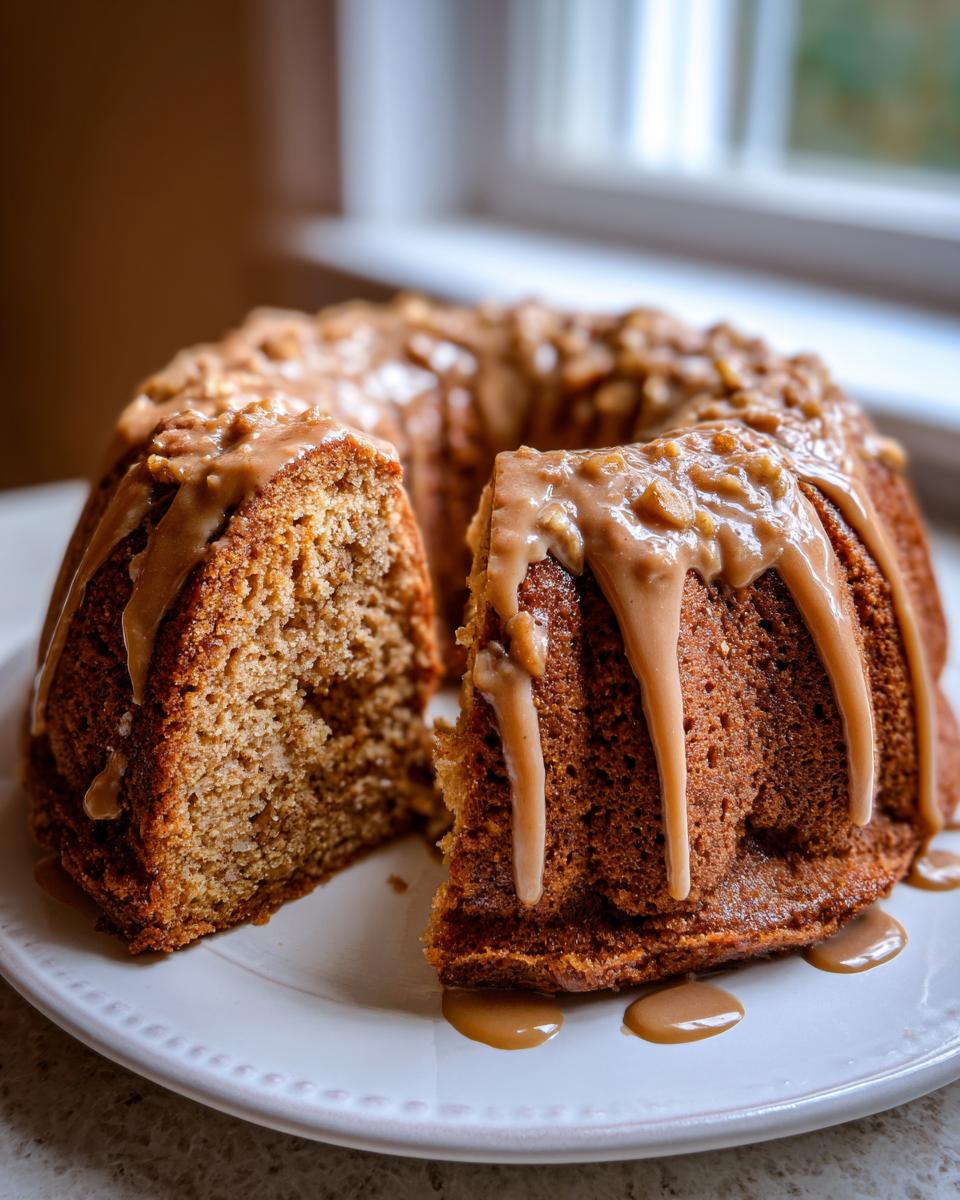 A slice cut from a moist apple bundt cake topped with a thick caramel glaze and chopped nuts.
