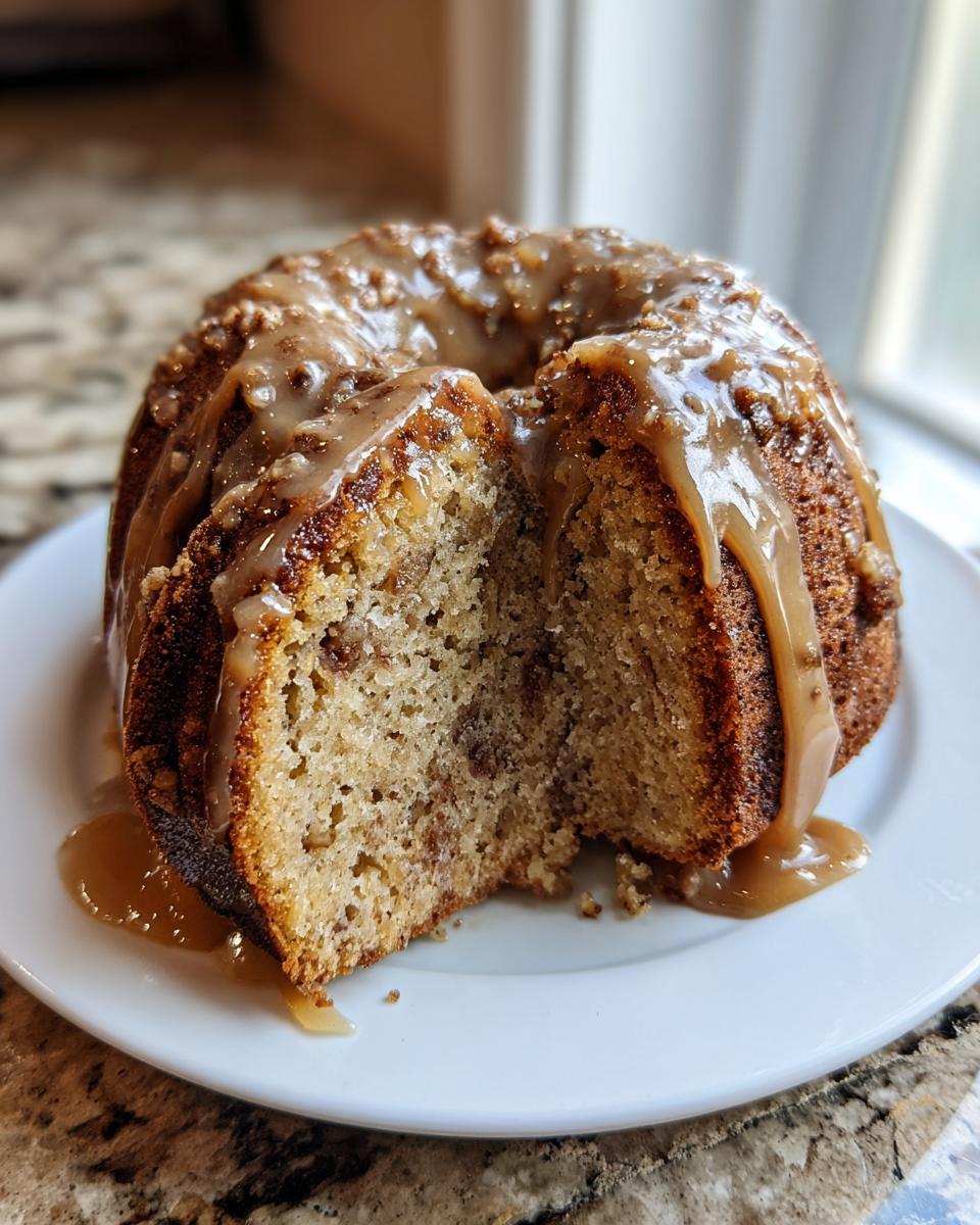 A slice cut from a moist apple bundt cake, drizzled generously with a thick caramel glaze.