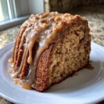 A close-up of a moist slice of apple bundt cake topped with a thick, dripping caramel glaze and chopped nuts.