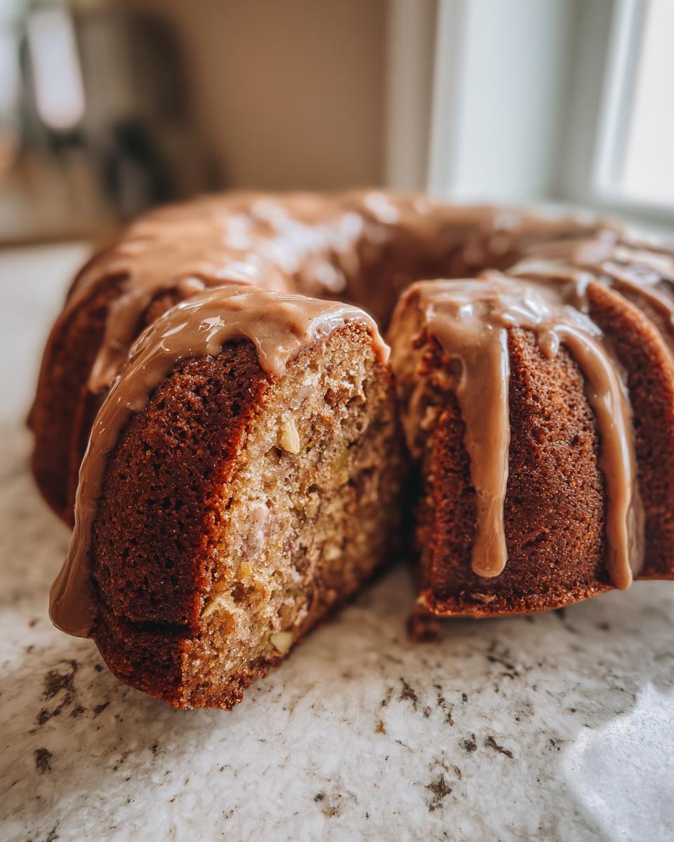A slice removed from a moist apple bundt cake topped with a thick caramel glaze, showing the texture inside.