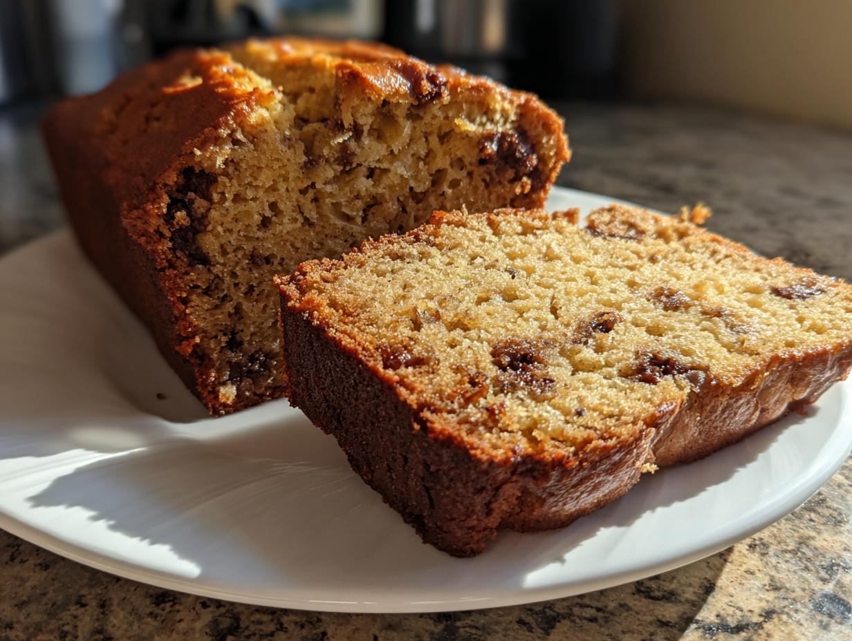 A loaf of moist banana bread recipe with a slice cut, showing chocolate chips throughout the crumb.