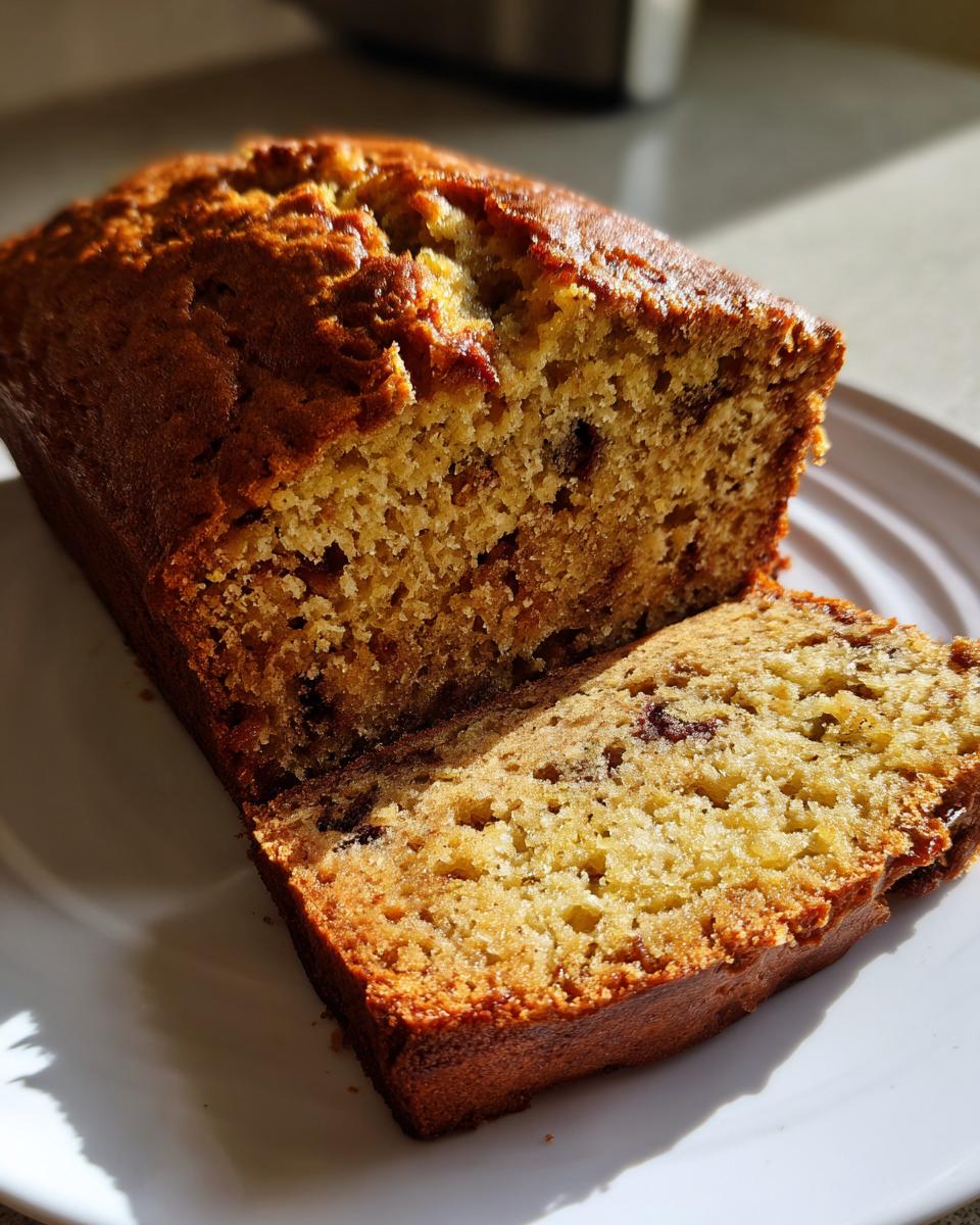 A moist slice cut from a golden-brown loaf of banana bread recipe, showing its tender crumb.