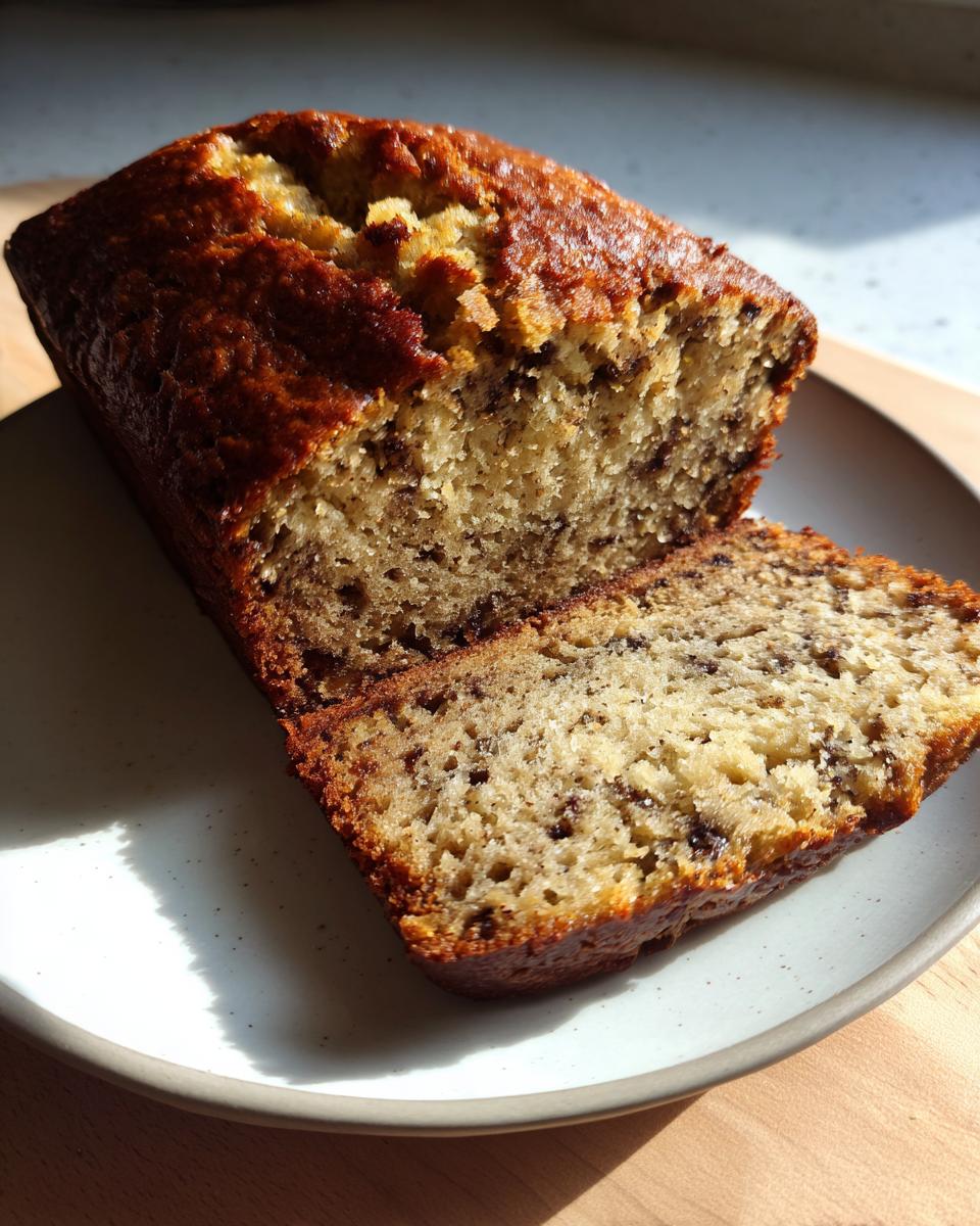 A slice cut from a moist chocolate chip banana bread recipe loaf, sitting on a light plate.