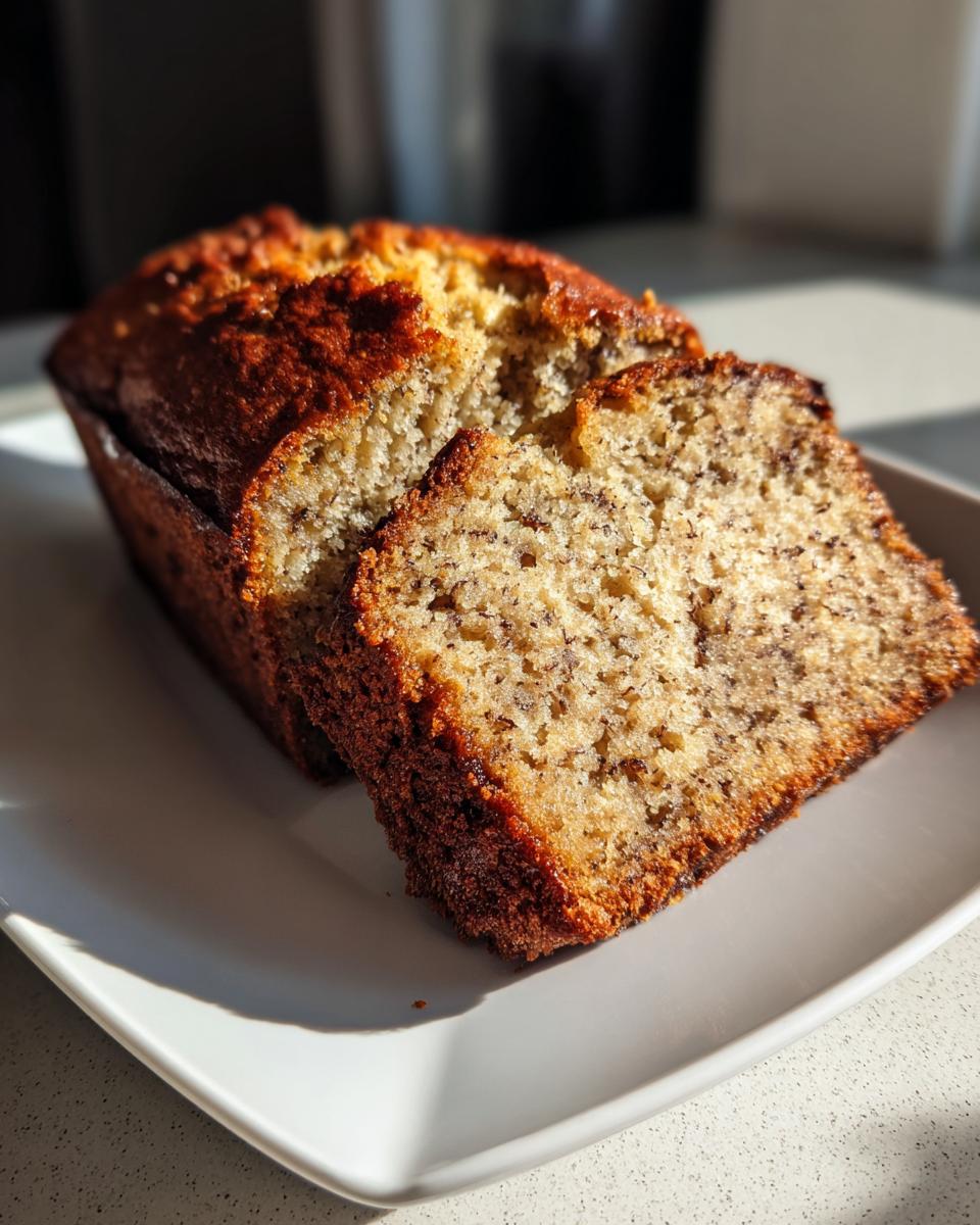 Close-up of a loaf of moist banana bread recipe, with two slices cut and resting on a white plate.