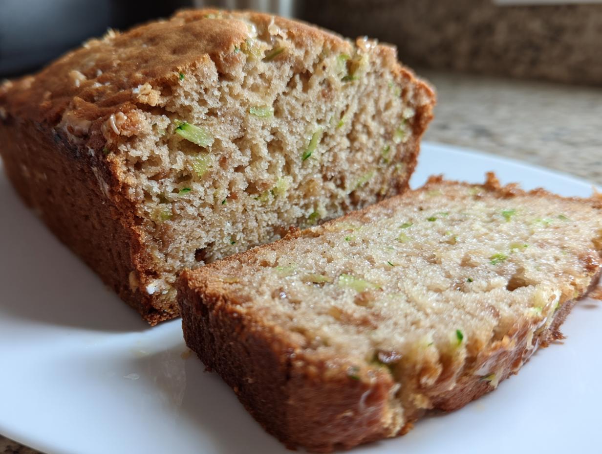 Close-up of a moist banana zucchini bread loaf with one slice cut and resting beside it on a white plate.