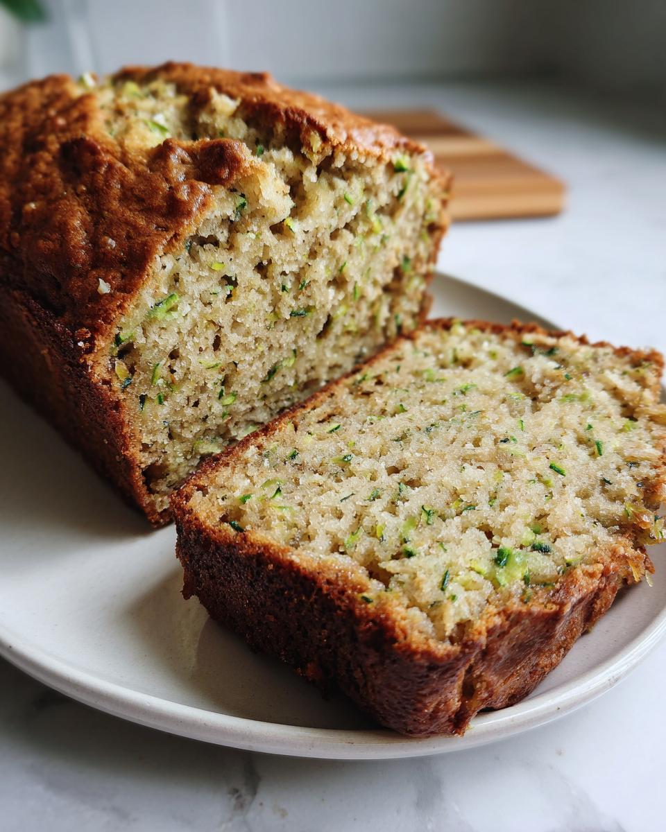 A golden-brown loaf of banana zucchini bread, partially sliced, showing the moist crumb with flecks of green zucchini.