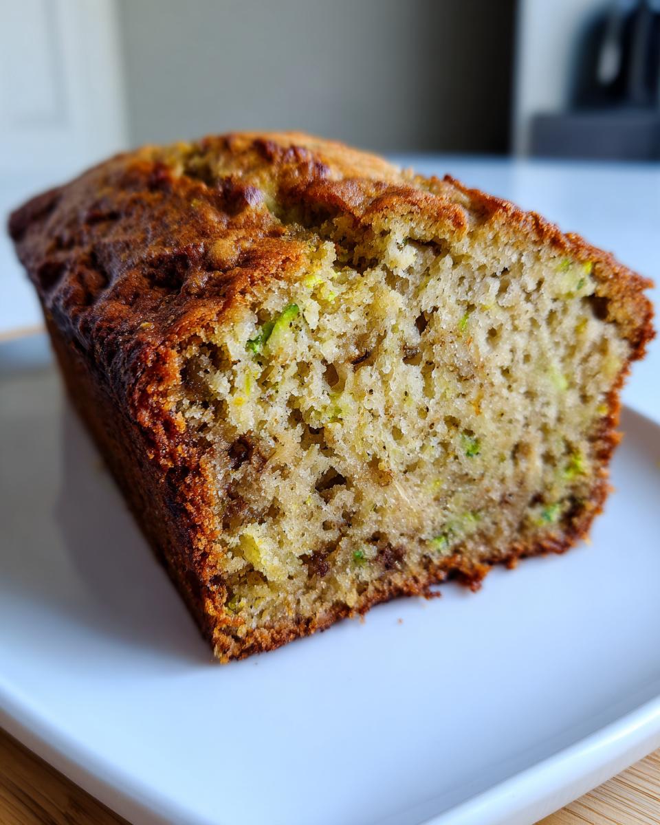Close-up of a moist slice of banana zucchini bread showing its golden crust and green zucchini flecks inside.