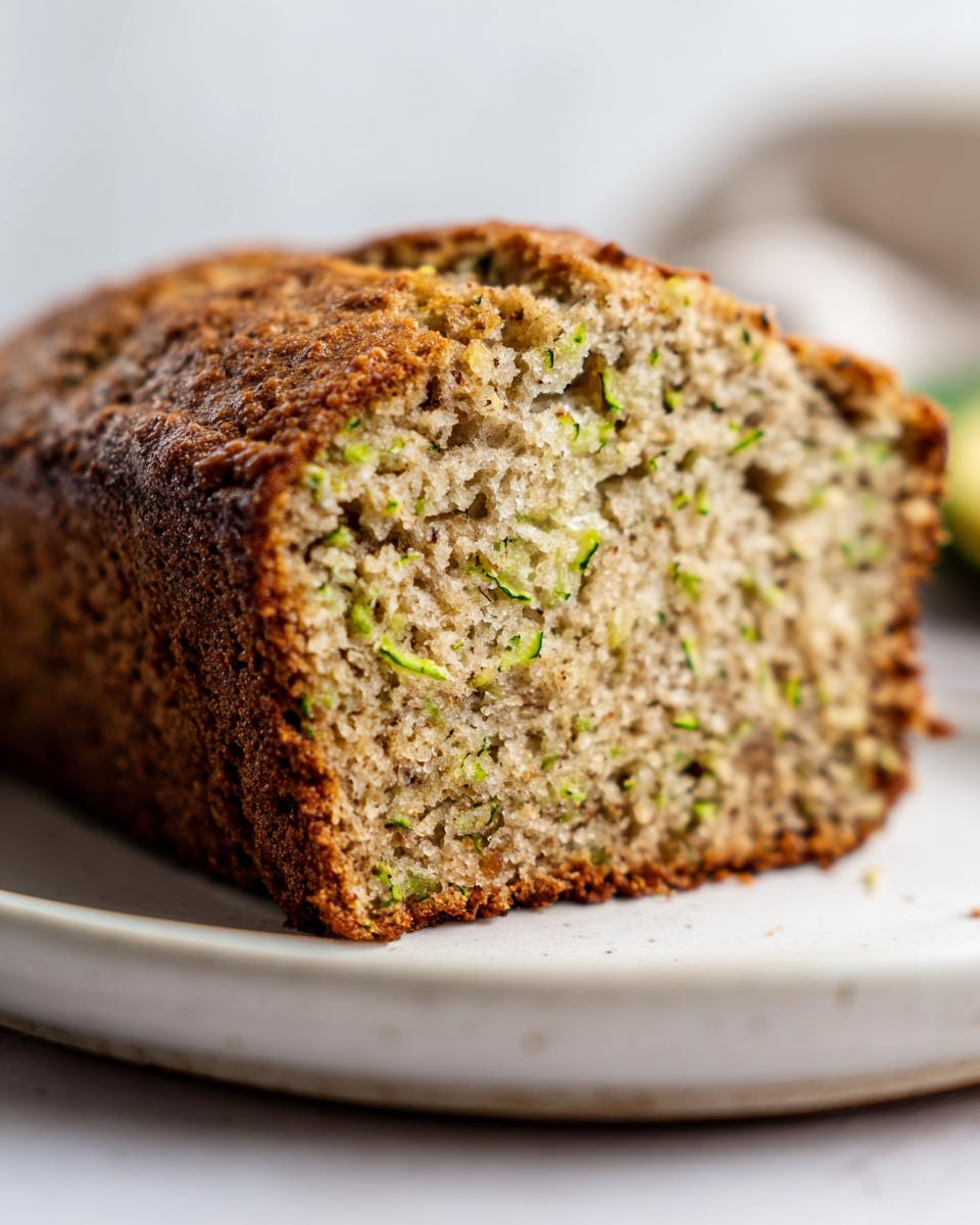 Close-up of a moist slice of banana zucchini bread showing shredded green zucchini baked into the crumb.