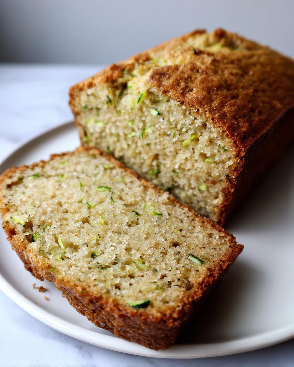 Close-up of moist banana zucchini bread loaf, with one slice cut and resting against the main loaf on a white plate.