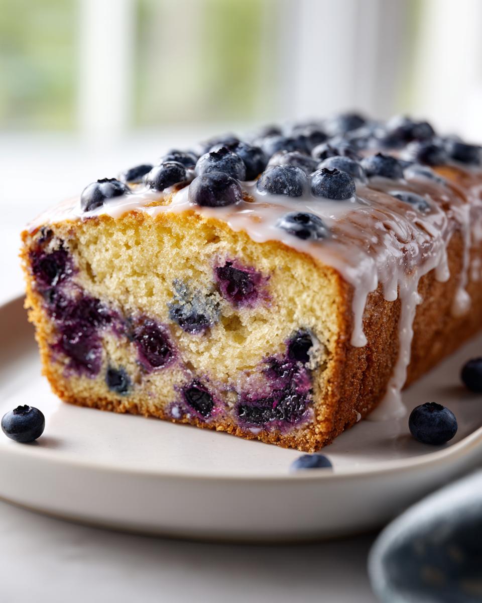 A moist slice of homemade blueberry bread topped with a sweet vanilla glaze and fresh blueberries.
