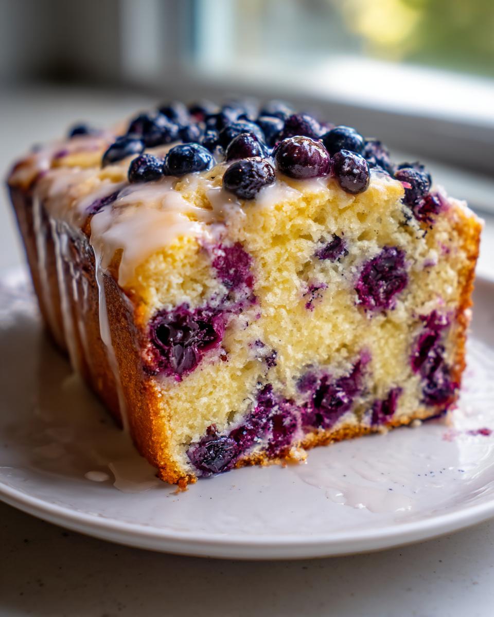 Close-up of a moist slice of blueberry bread topped with fresh blueberries and a white glaze.