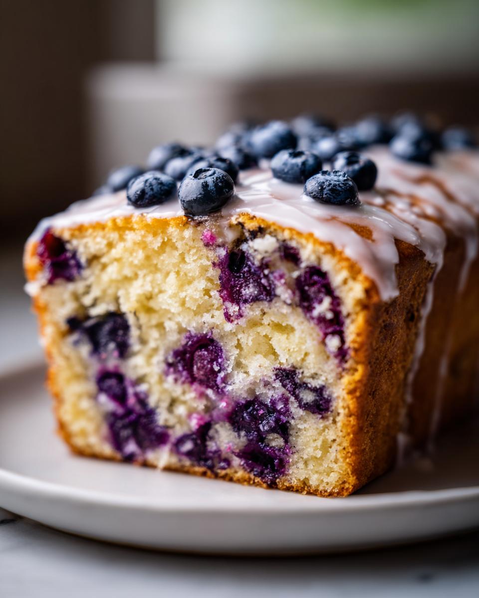 Close-up of a moist slice of blueberry bread, topped with white glaze and fresh blueberries.