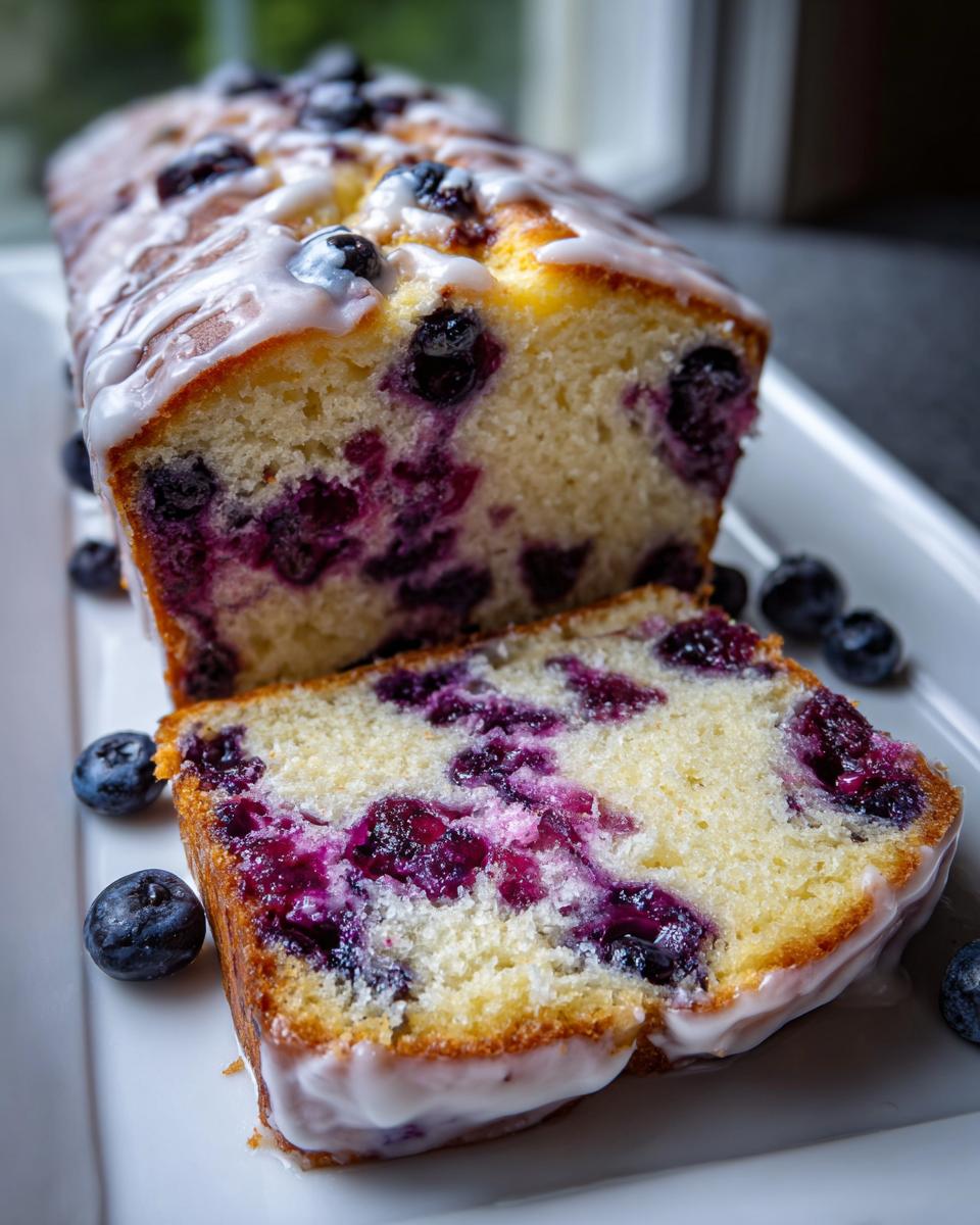 A slice cut from a moist blueberry bread loaf, showing vibrant purple berries and a white glaze topping.