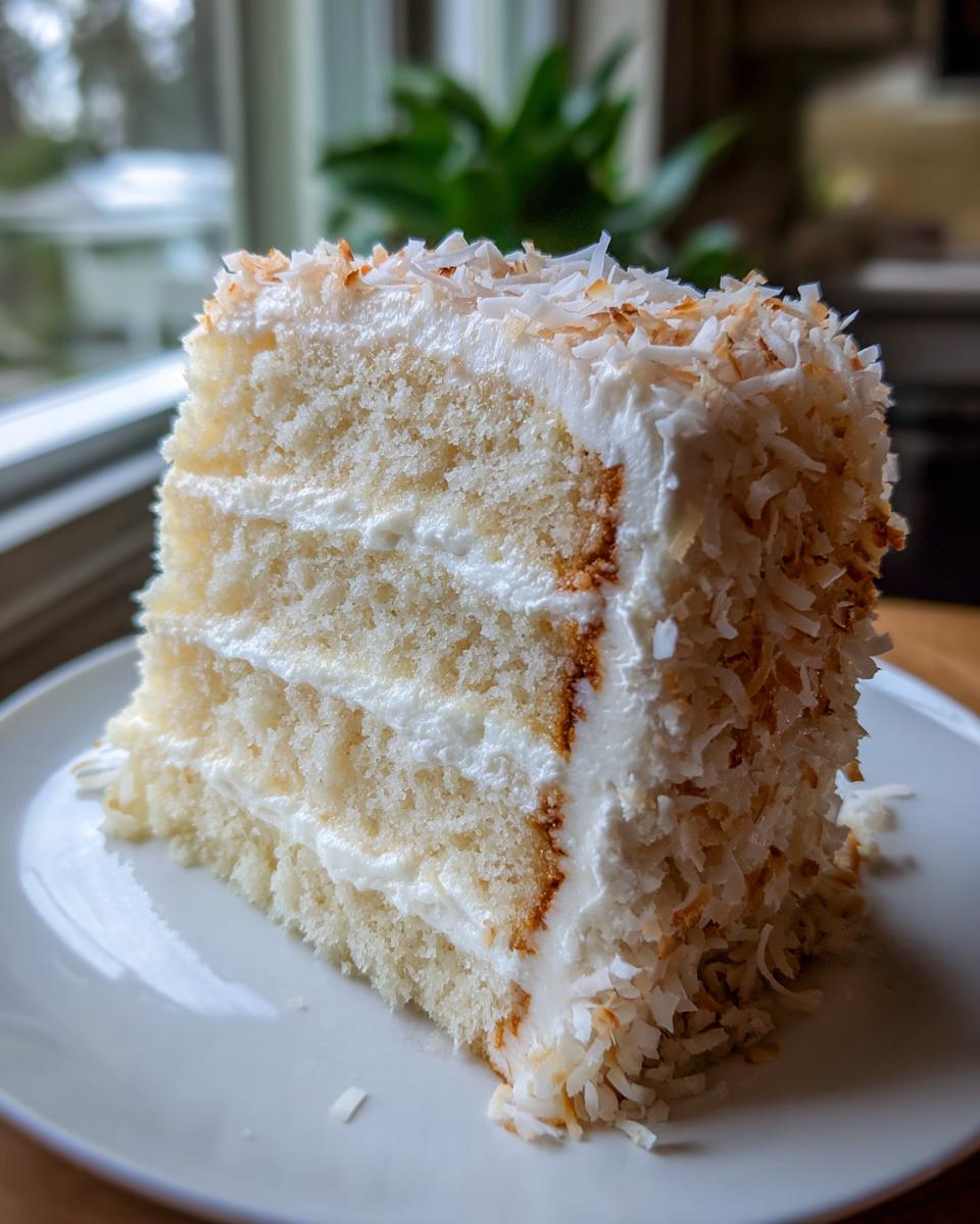 Close-up of a moist slice of three-layer coconut cake with white frosting and toasted coconut flakes.