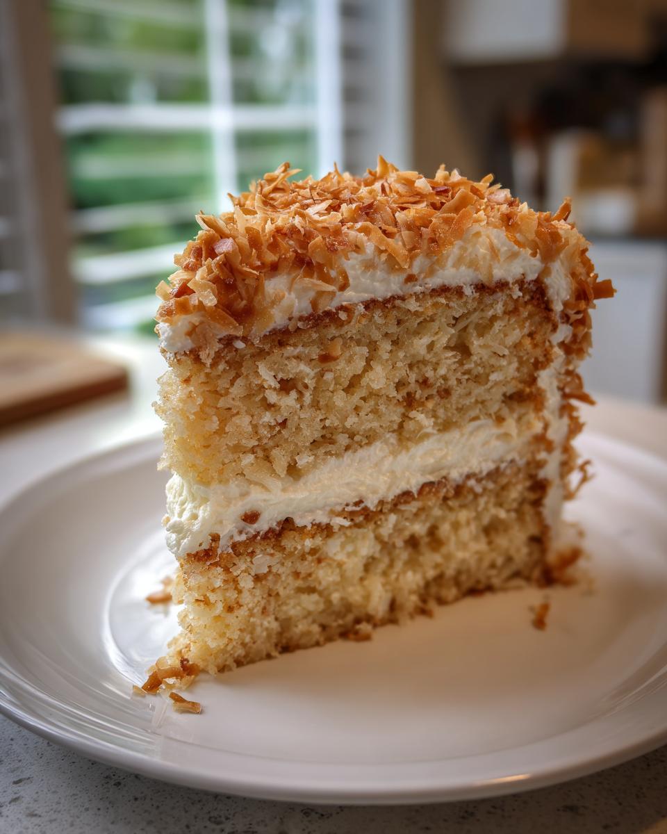 A tall slice of moist coconut cake with three layers, white frosting, and topped generously with toasted coconut flakes.