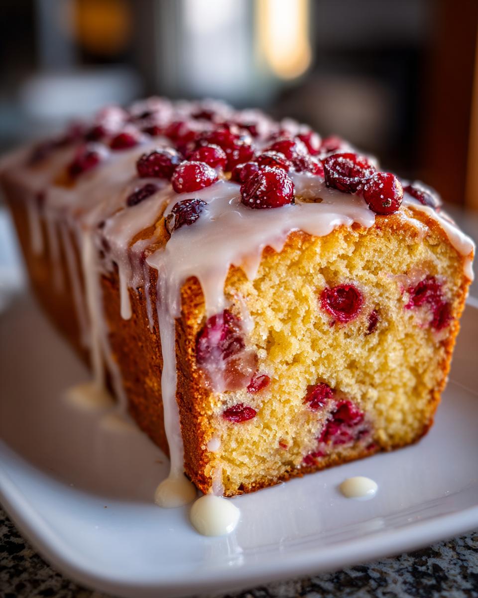 A close-up of a moist cranberry orange bread loaf, sliced to show the interior texture, topped with white glaze and fresh cranberries.