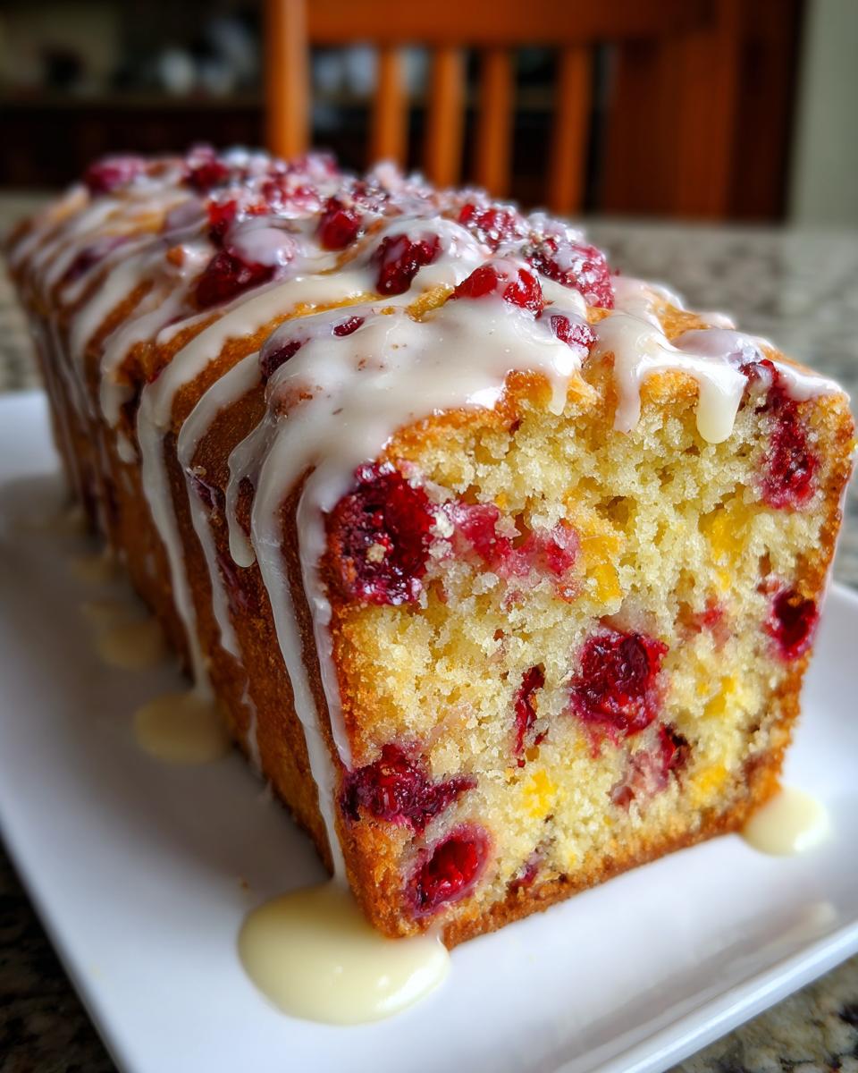 A close-up view of a loaf of moist cranberry orange bread drizzled heavily with white glaze.