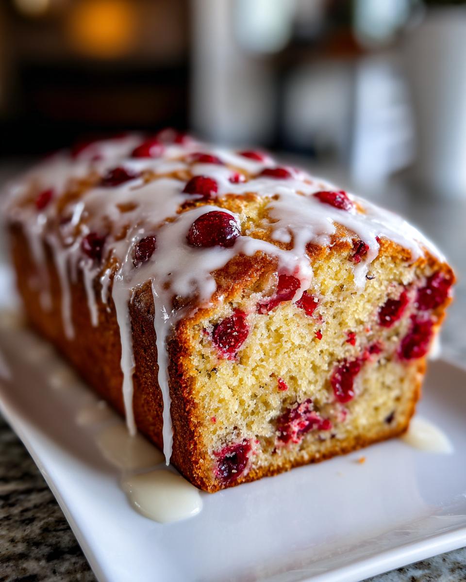 A close-up of a loaf of moist cranberry orange bread topped with a thick white citrus glaze and whole cranberries.