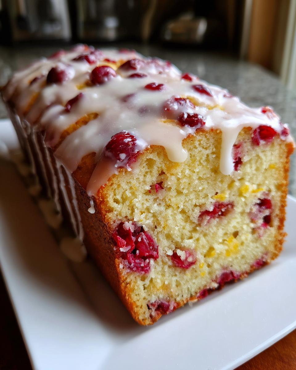 A close-up of a freshly baked, moist cranberry orange bread loaf topped with a thick white citrus glaze and whole cranberries.