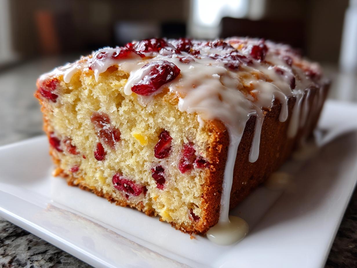 A close-up of a moist cranberry orange bread loaf topped with a thick white glaze and dried cranberries.