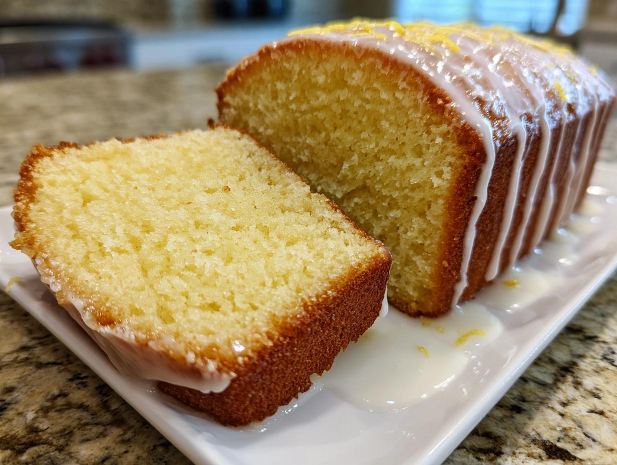 A slice cut from a loaf of moist olive oil cake, topped with white lemon glaze and zest.