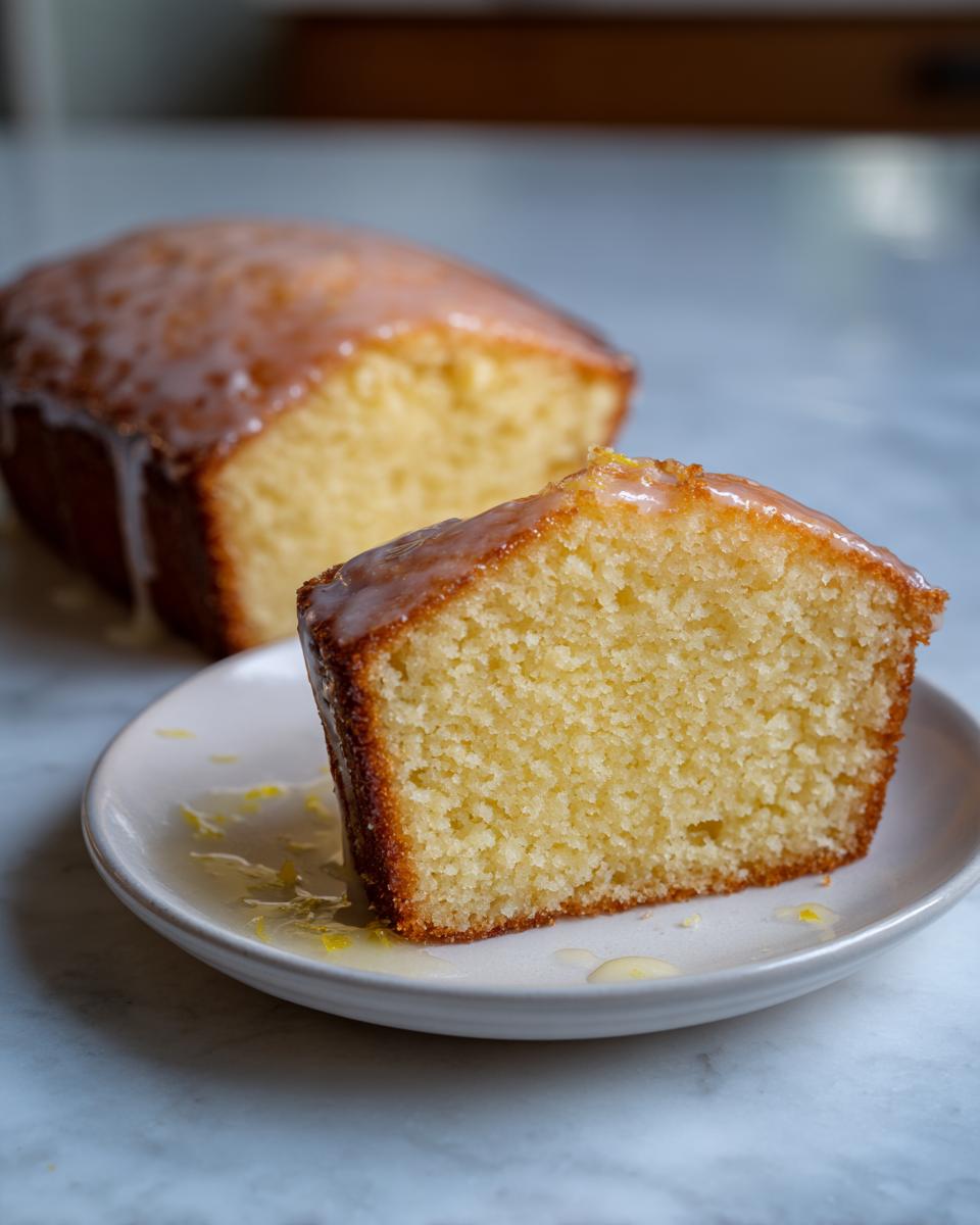 Close-up of a moist slice of olive oil cake with a shiny lemon glaze, served on a small white plate.