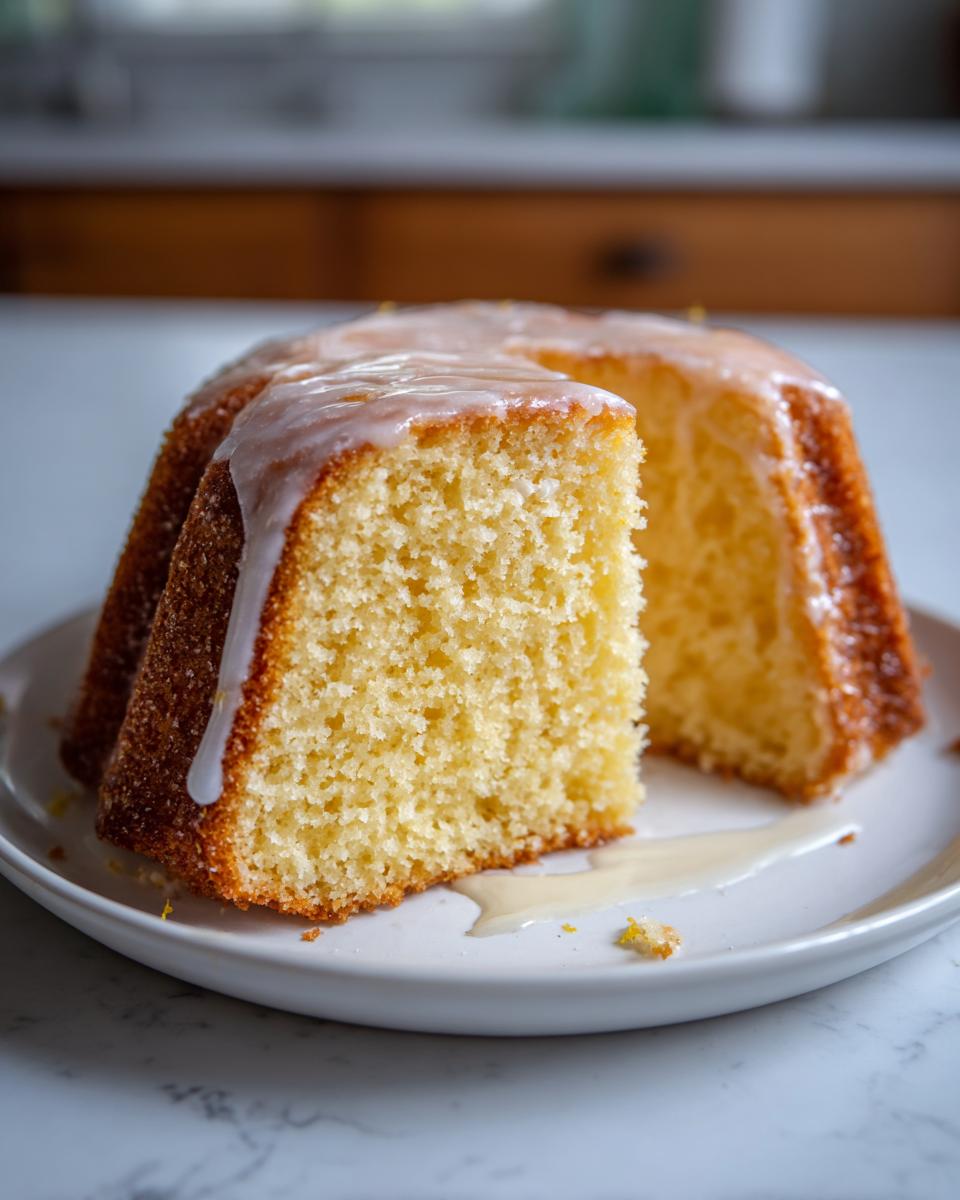 Close-up of a slice cut from a bundt-style olive oil cake, showing its moist crumb and white glaze dripping down.