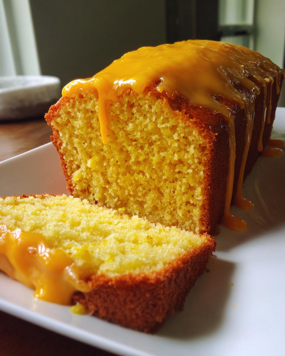 A slice of moist orange juice cake topped with a thick, dripping orange glaze.