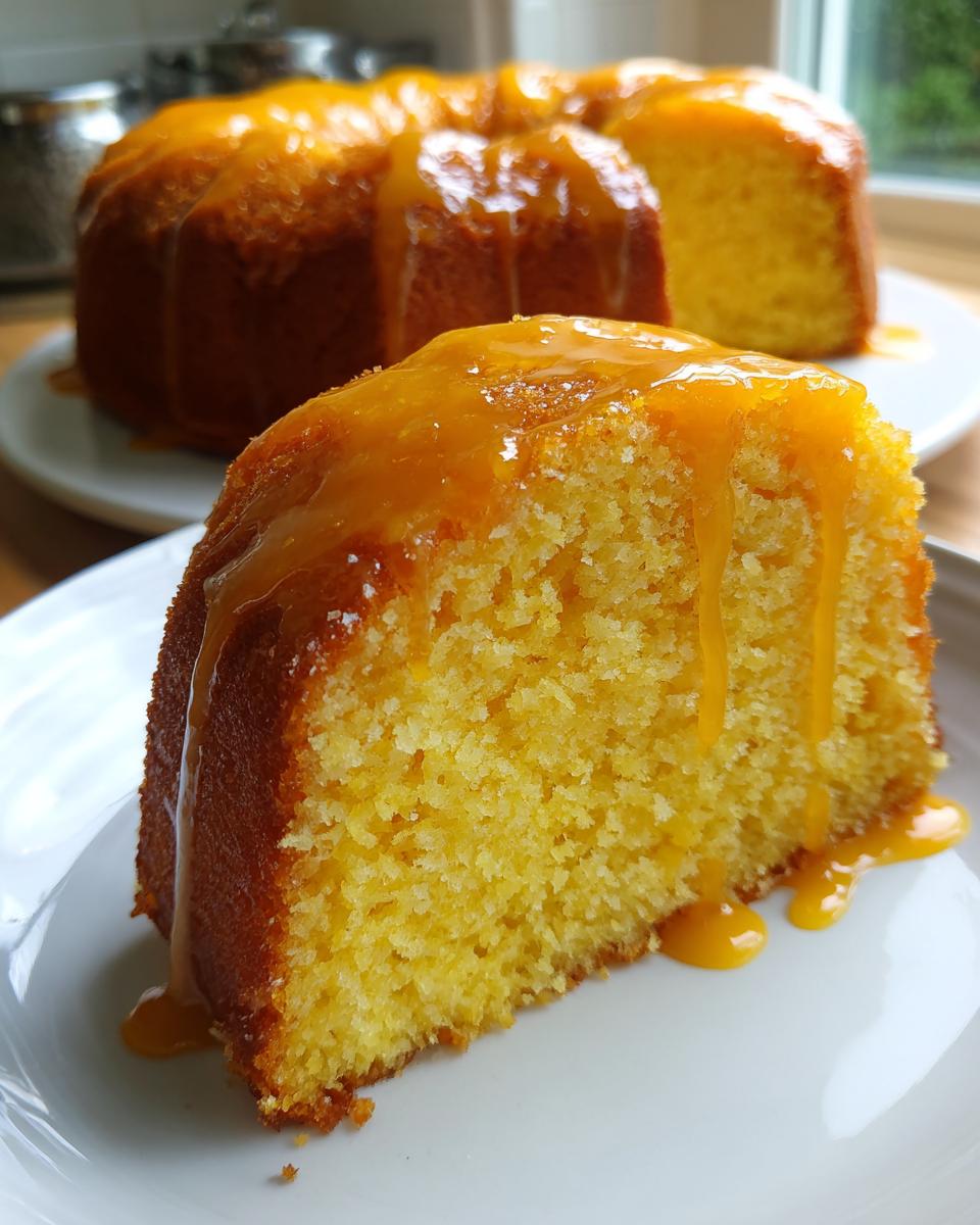 Close-up of a moist slice of orange juice cake topped with dripping orange glaze.