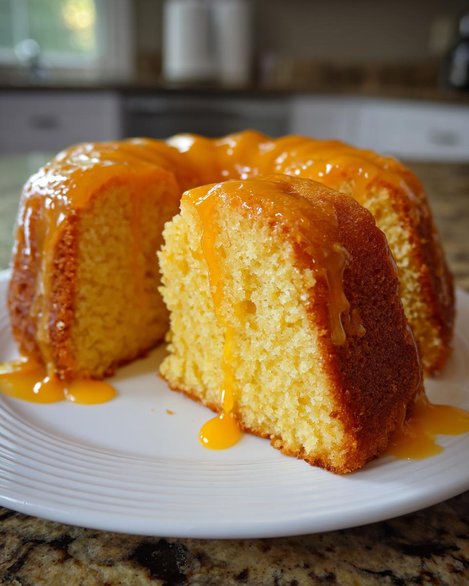 A slice of moist orange juice cake drizzled with a bright orange glaze, sitting on a white plate.