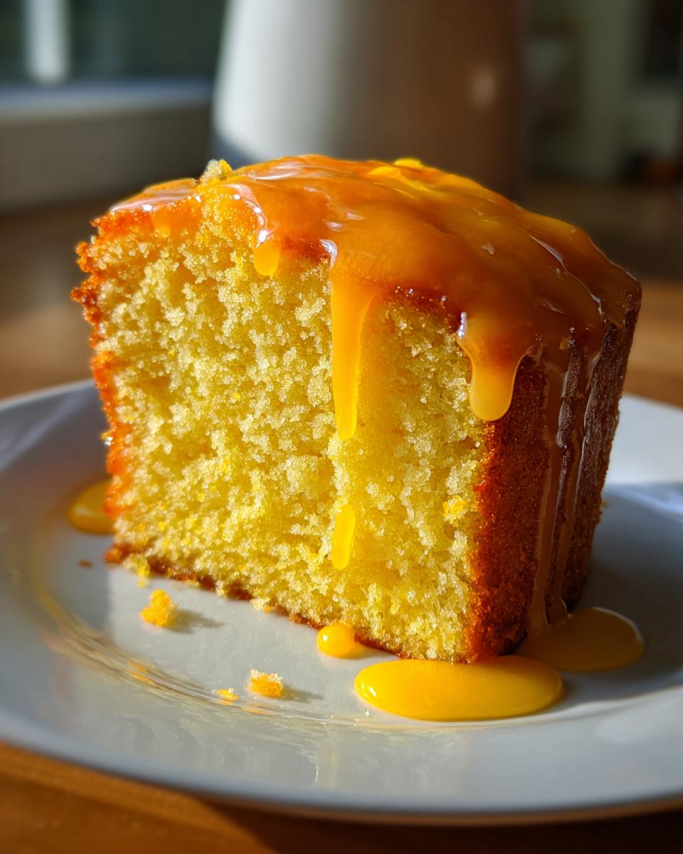 A close-up of a moist slice of orange juice cake topped with a thick, dripping orange glaze.