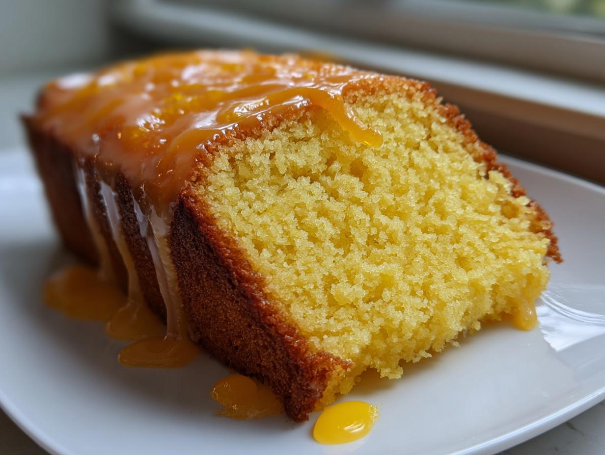 Close-up of a moist slice of orange juice cake with a thick, dripping orange glaze on a white plate.