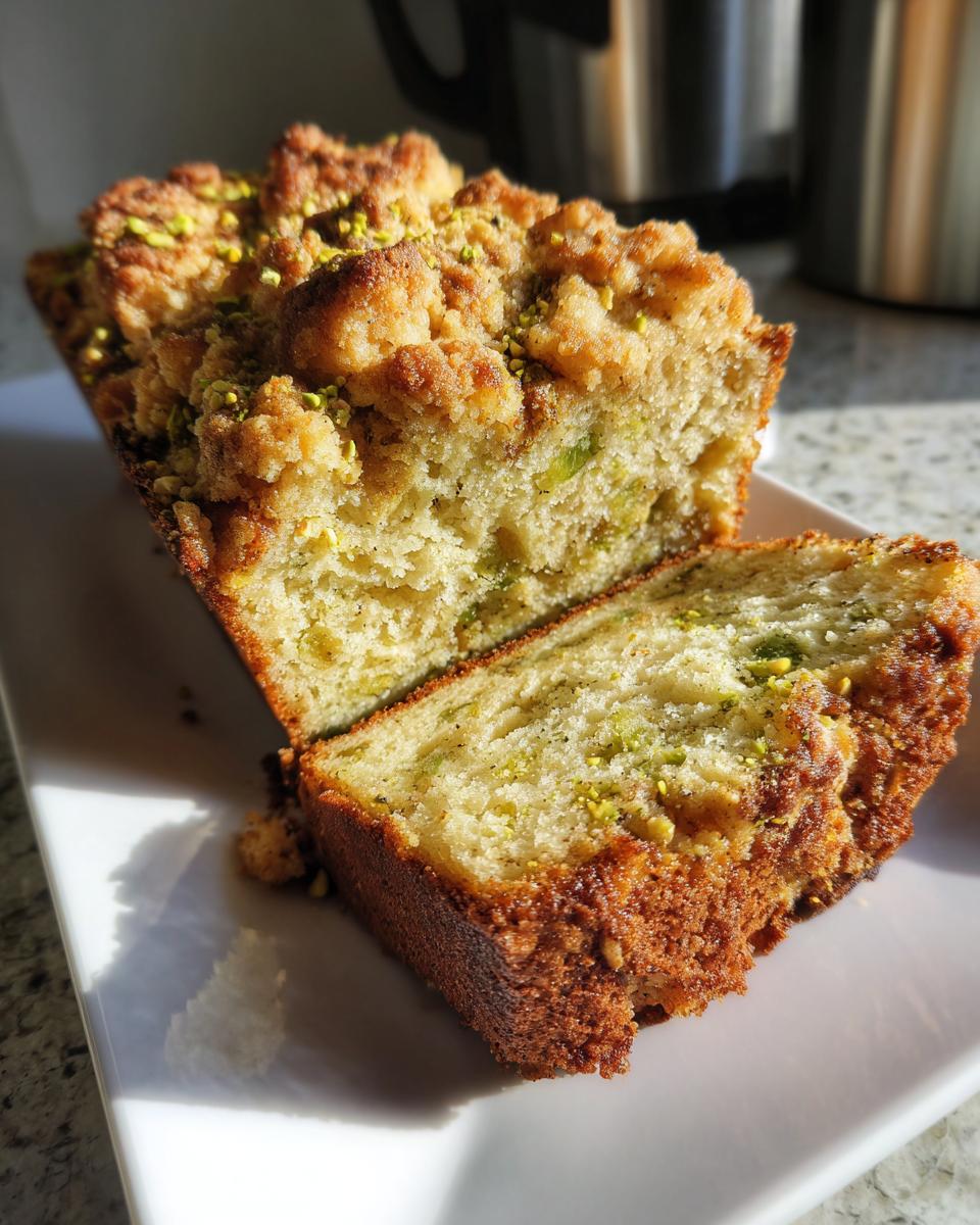 A loaf of pistachio coffee cake, sliced to show the moist interior and crunchy crumb topping sprinkled with chopped pistachios.