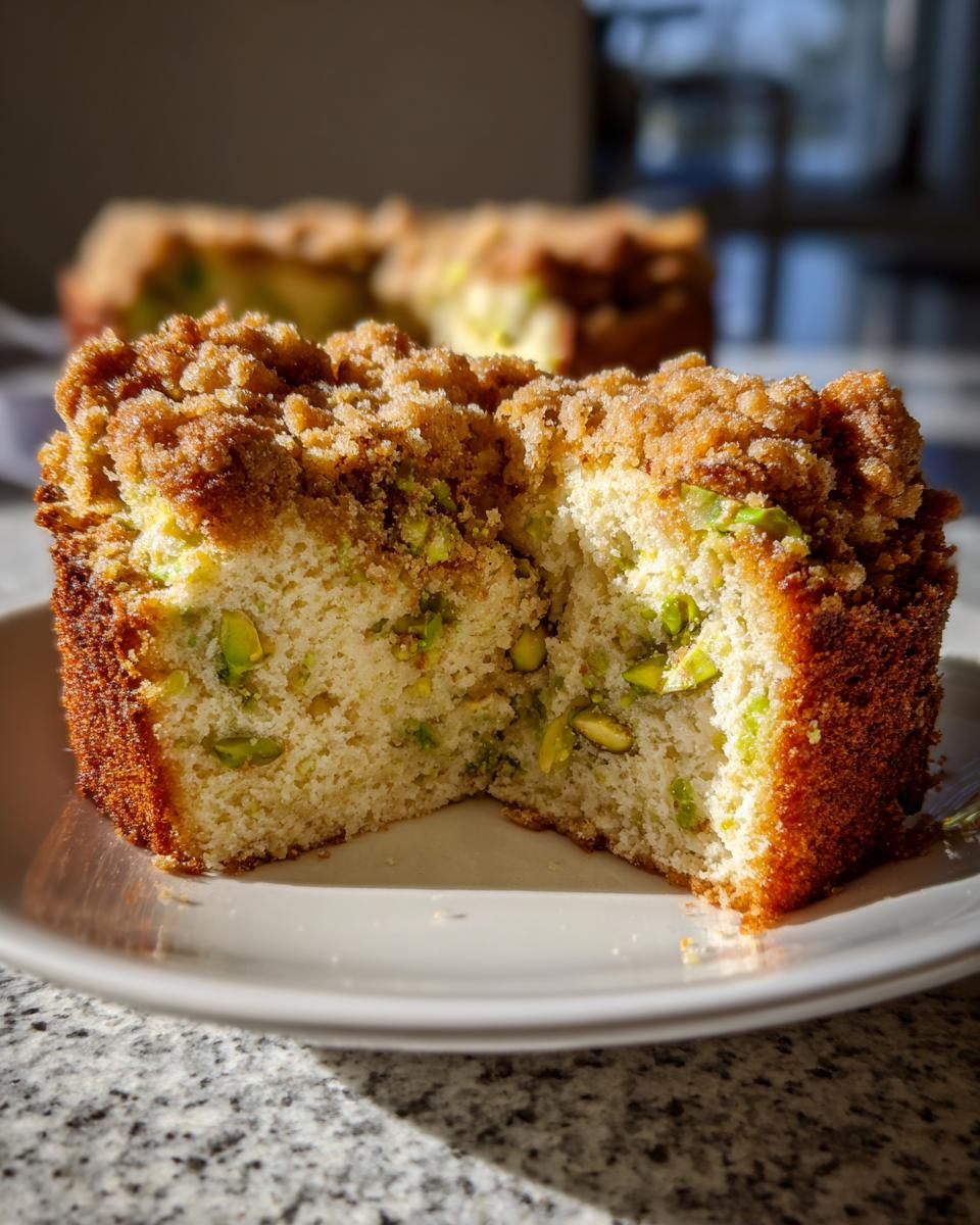 Cross-section of a moist pistachio coffee cake slice showing green pistachio pieces and a thick, golden crumb topping.