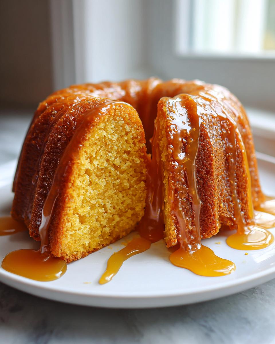 Close-up of a moist rum cake recipe, a slice cut out, generously covered in dripping caramel sauce on a white plate.