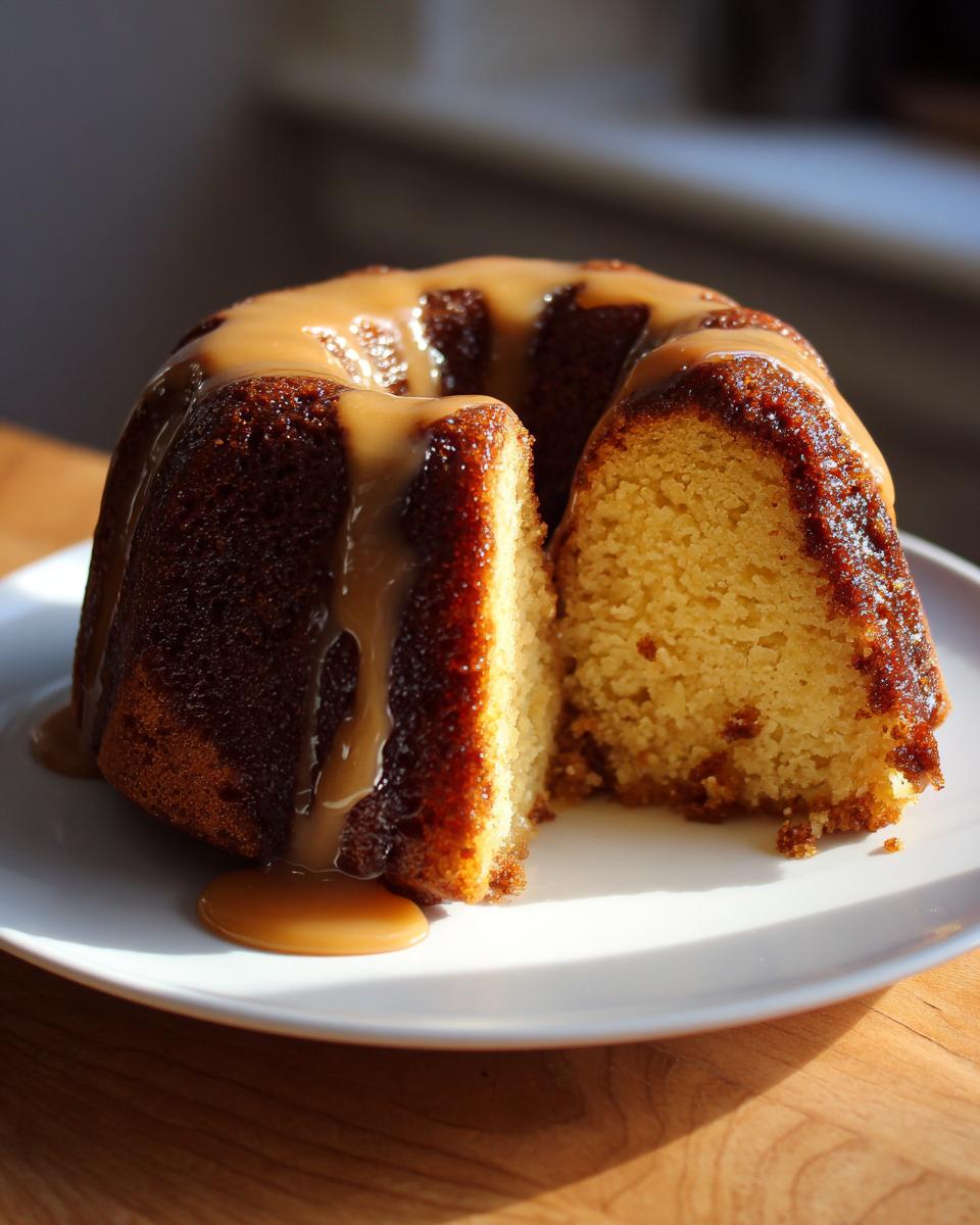 A slice cut from a moist rum cake recipe, drizzled generously with caramel sauce, sitting on a white plate.