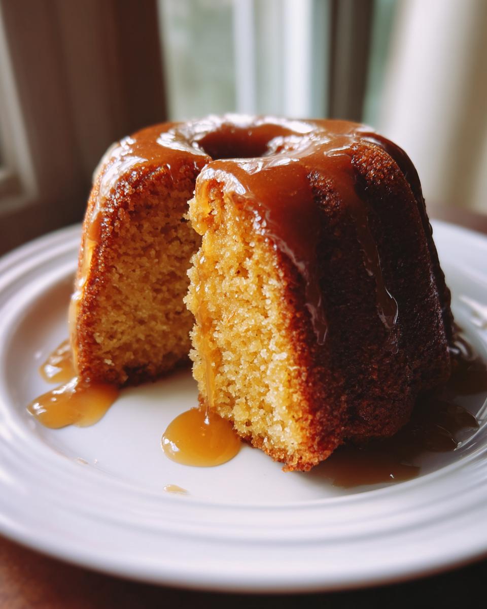 Close-up of a moist rum cake recipe, cut open and drizzled with a thick caramel sauce on a white plate.