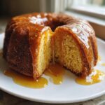 A moist rum cake recipe shown cut in half, generously covered in a thick, dripping rum glaze on a white plate.