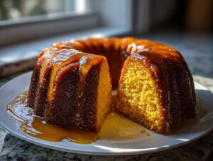 A moist rum cake, glazed with a rich caramel sauce, with one slice cut out to show the yellow crumb texture.