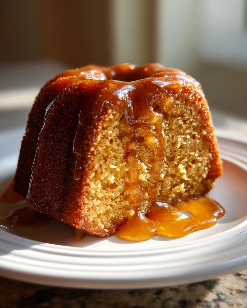 A close-up of a moist slice of rum cake topped with a rich, dripping caramel glaze, served on a white plate.