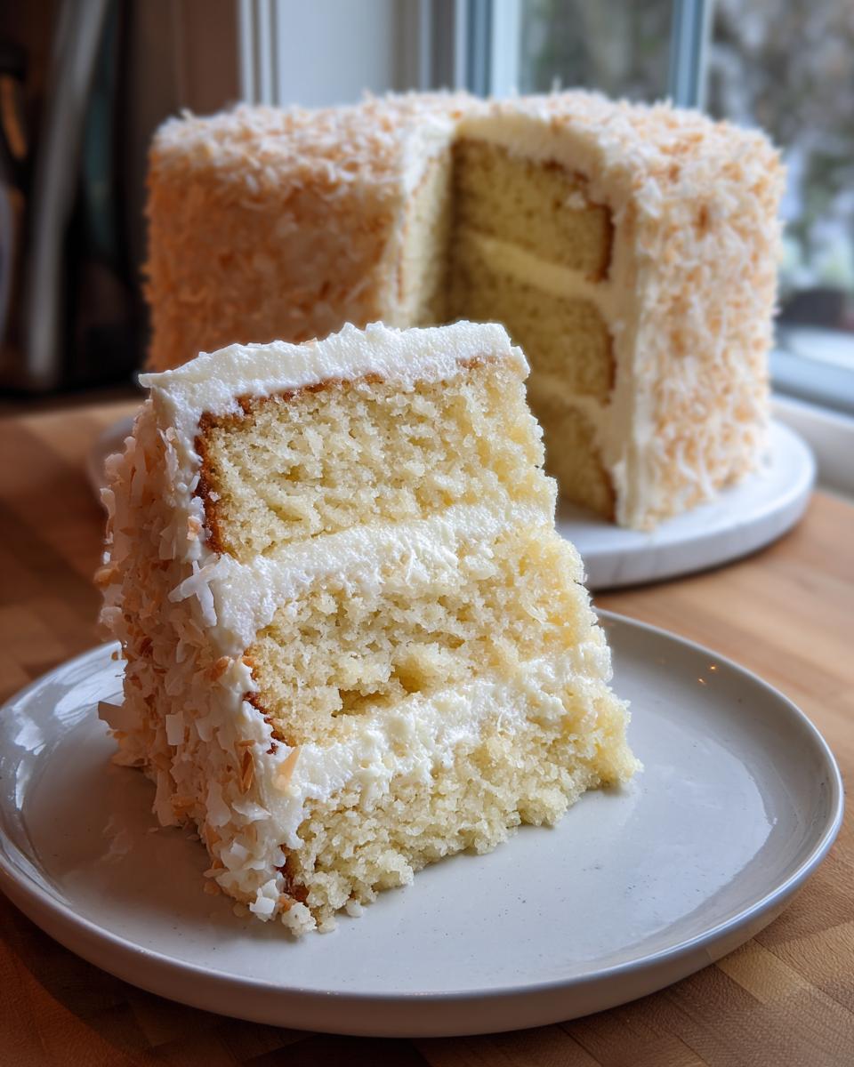 A close-up slice of moist, three-layer coconut cake with white frosting and toasted coconut flakes.