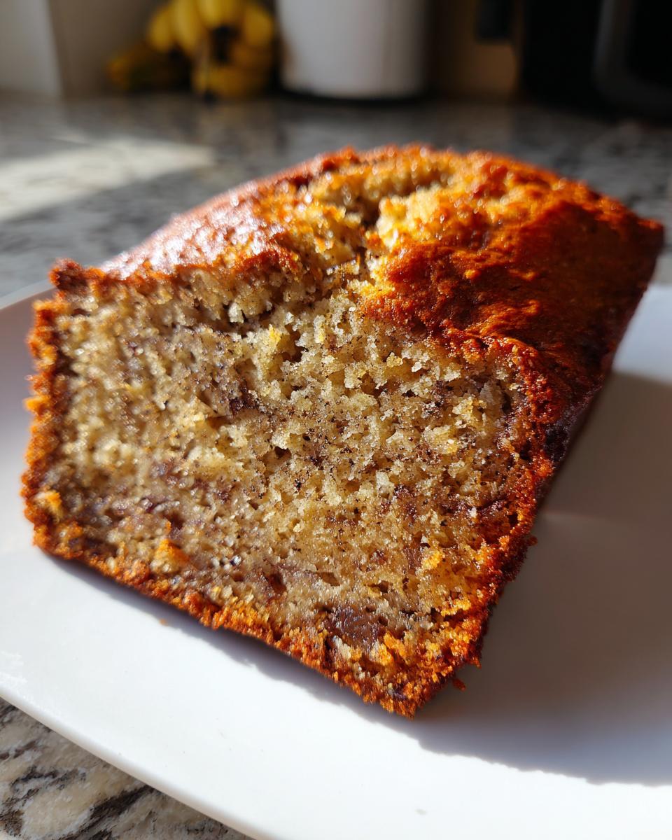 Close-up of a moist slice of freshly baked banana bread recipe showing its golden crust and tender crumb.