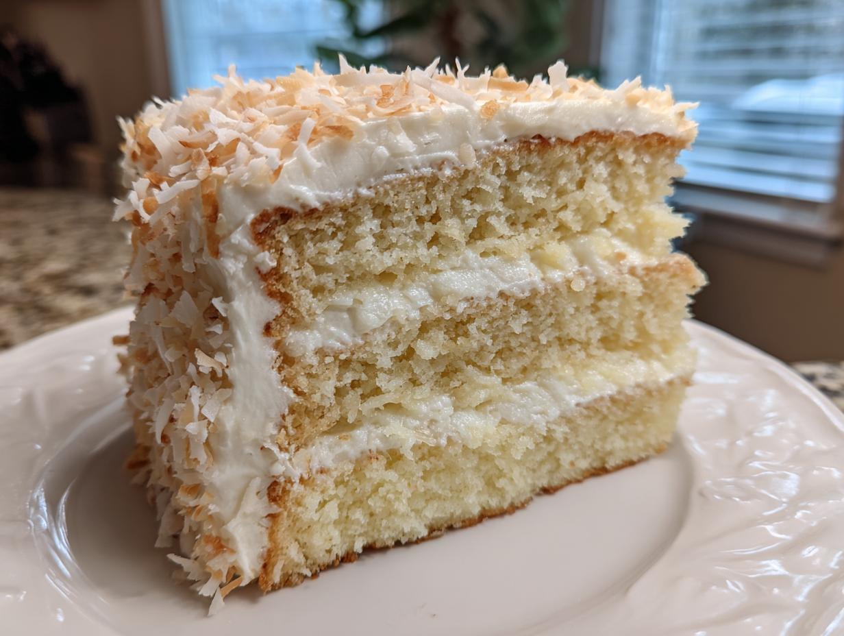 Close-up of a moist, three-layer slice of coconut cake covered in white frosting and toasted coconut flakes.