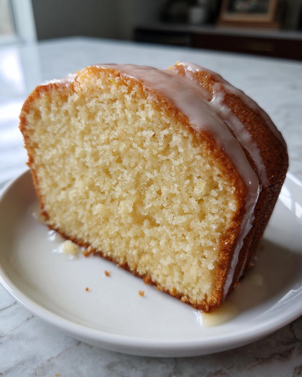 Close-up of a moist slice of golden olive oil cake topped with a thin white glaze, served on a small white plate.