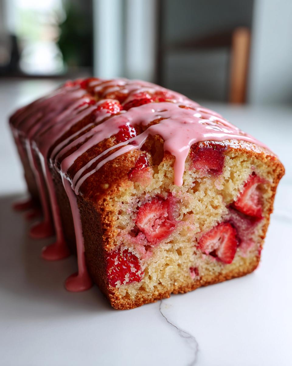 A close-up of a freshly baked, moist strawberry bread loaf topped with dripping pink strawberry glaze.