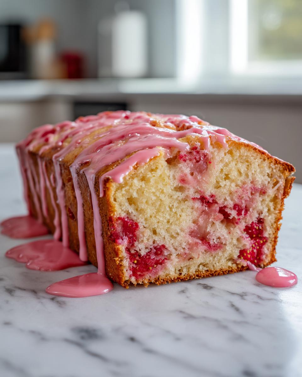 A cross-section of moist strawberry bread topped with thick pink glaze dripping down the sides onto a marble surface.