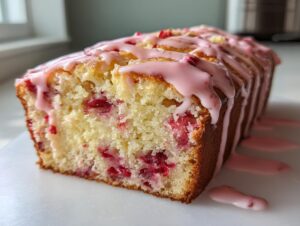 Close-up of a slice of moist strawberry bread featuring visible strawberry pieces and a thick pink glaze drizzled over the top.