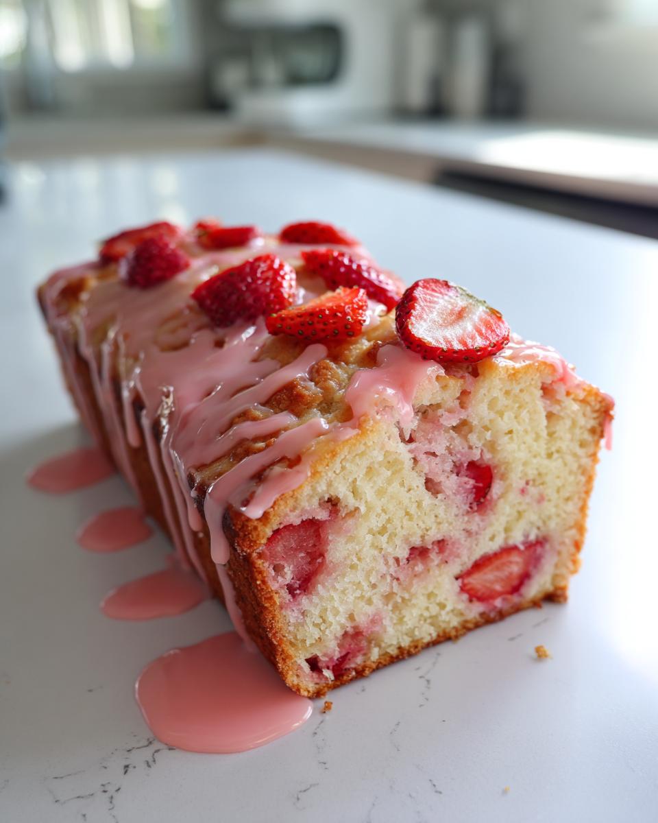 A freshly baked loaf of moist strawberry bread, topped with pink glaze and fresh strawberry slices.