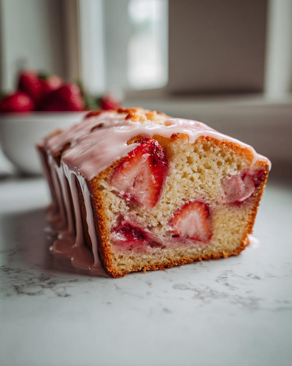 Close-up of a moist slice of strawberry bread with visible strawberry pieces and a thick pink glaze dripping down the side.